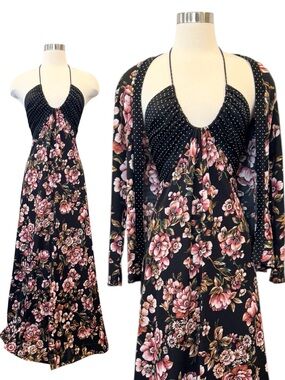 70s Joy Stevens Polka Dot Vintage Drawstring Halter Maxi Gown Dress Jacket Set